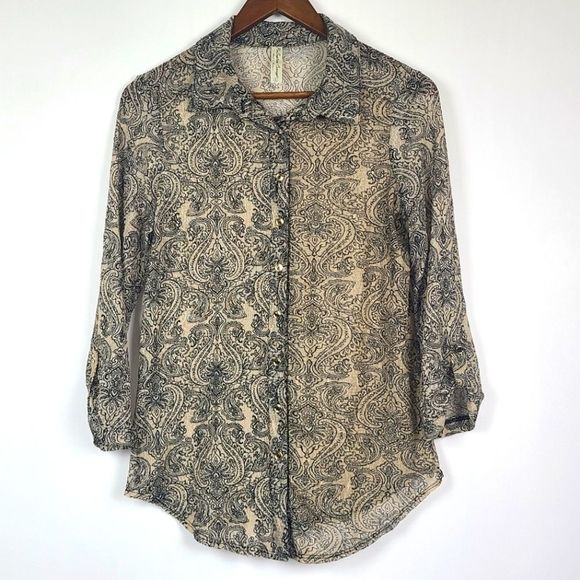 Perseption Concept Womens Semi Sheer Button Down Blouse Top Size Large Tan Black - Picture 2 of 16